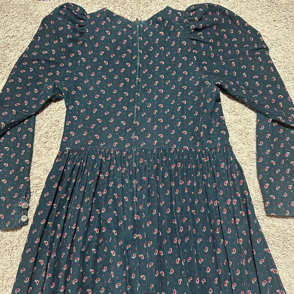 Vtg Laura Ashley Green Corduroy Paisley Cottage Prairie Long Sleeve Midi Dress - Picture 9 of 11